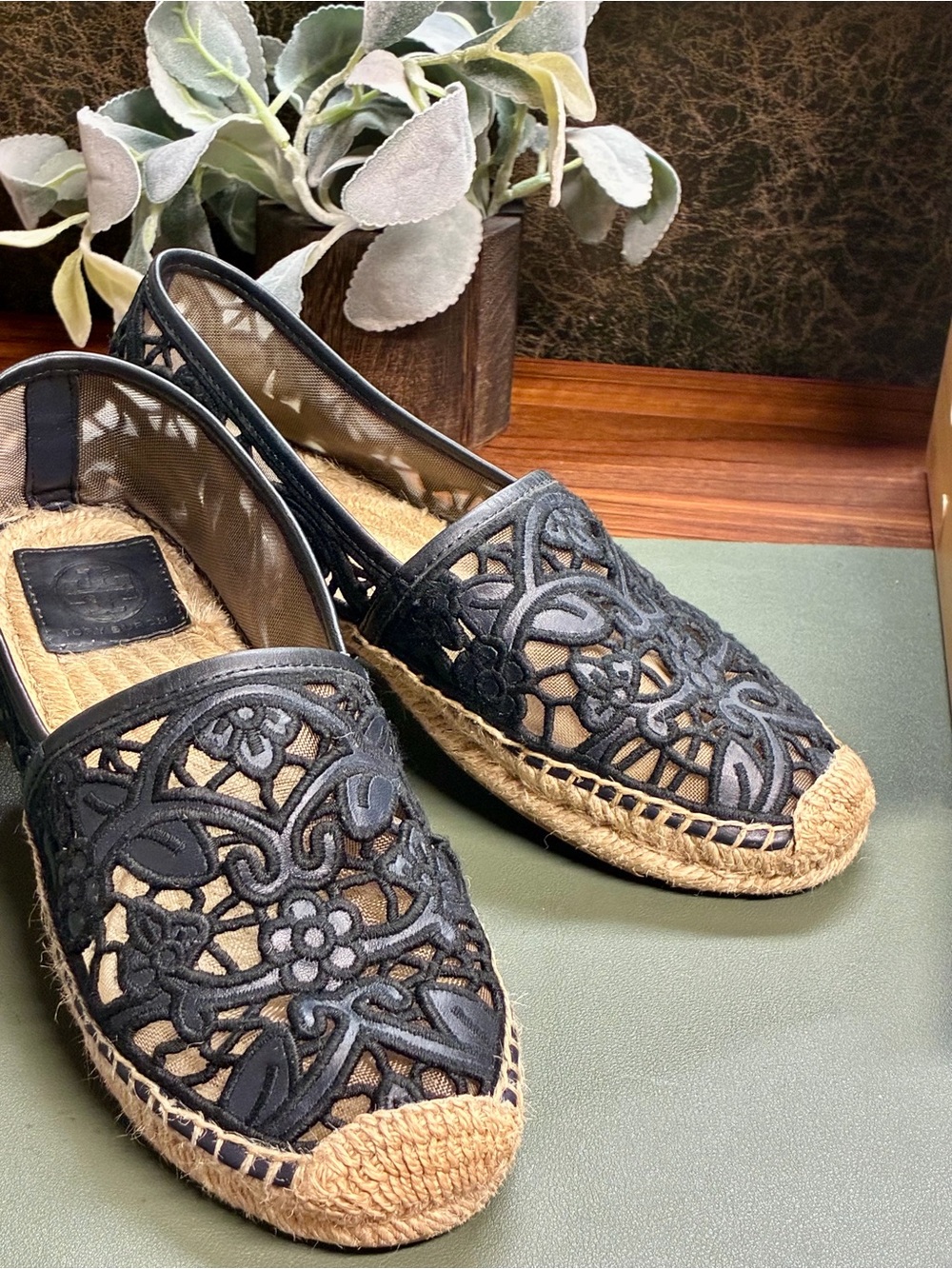 Tory Burch Jackie Black Floral Embroidered Lace Mesh Espadrille Flats